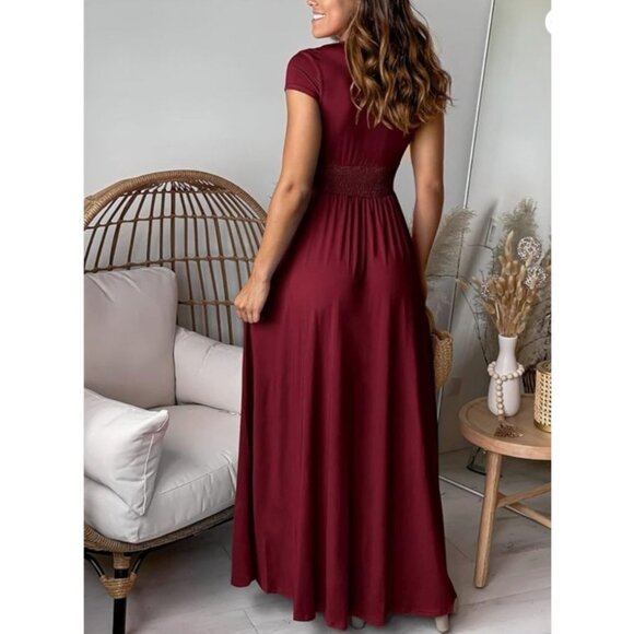 Anrabess Womens Elegant Maxi Dress Deep V-Neck Side Slit Burgundy Size S Party - Picture 2 of 10